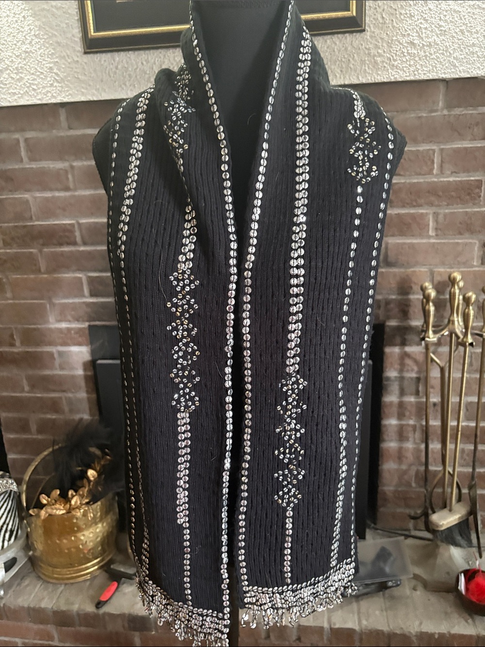Black Embellished Knit Scarf with Silver Bead Detailing